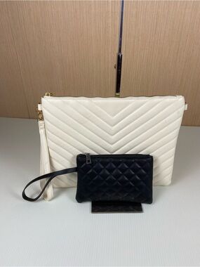 White Quilted Wristlet Clutch with Black Quilted Pouch